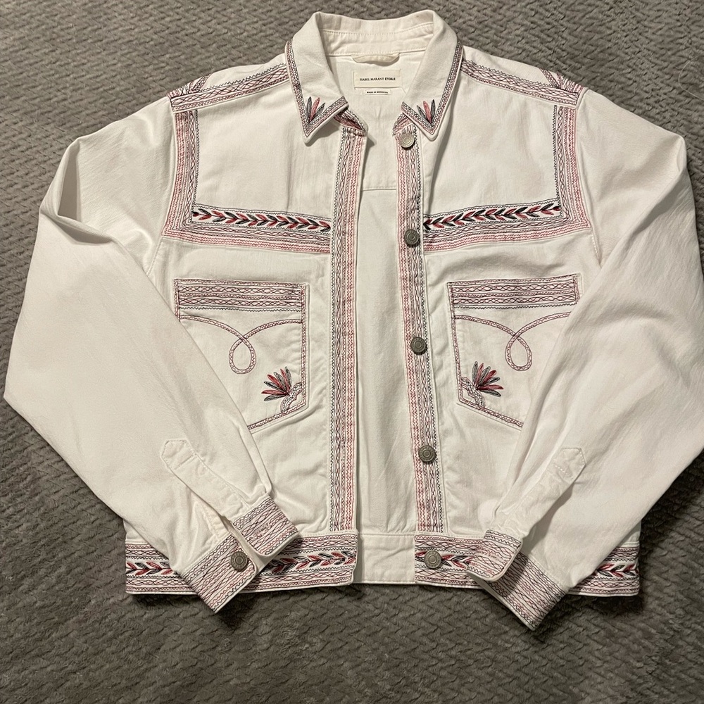 Isabel Marant Etoile Abril Embroidered Denim Jacket White Size 38 (6/8US)